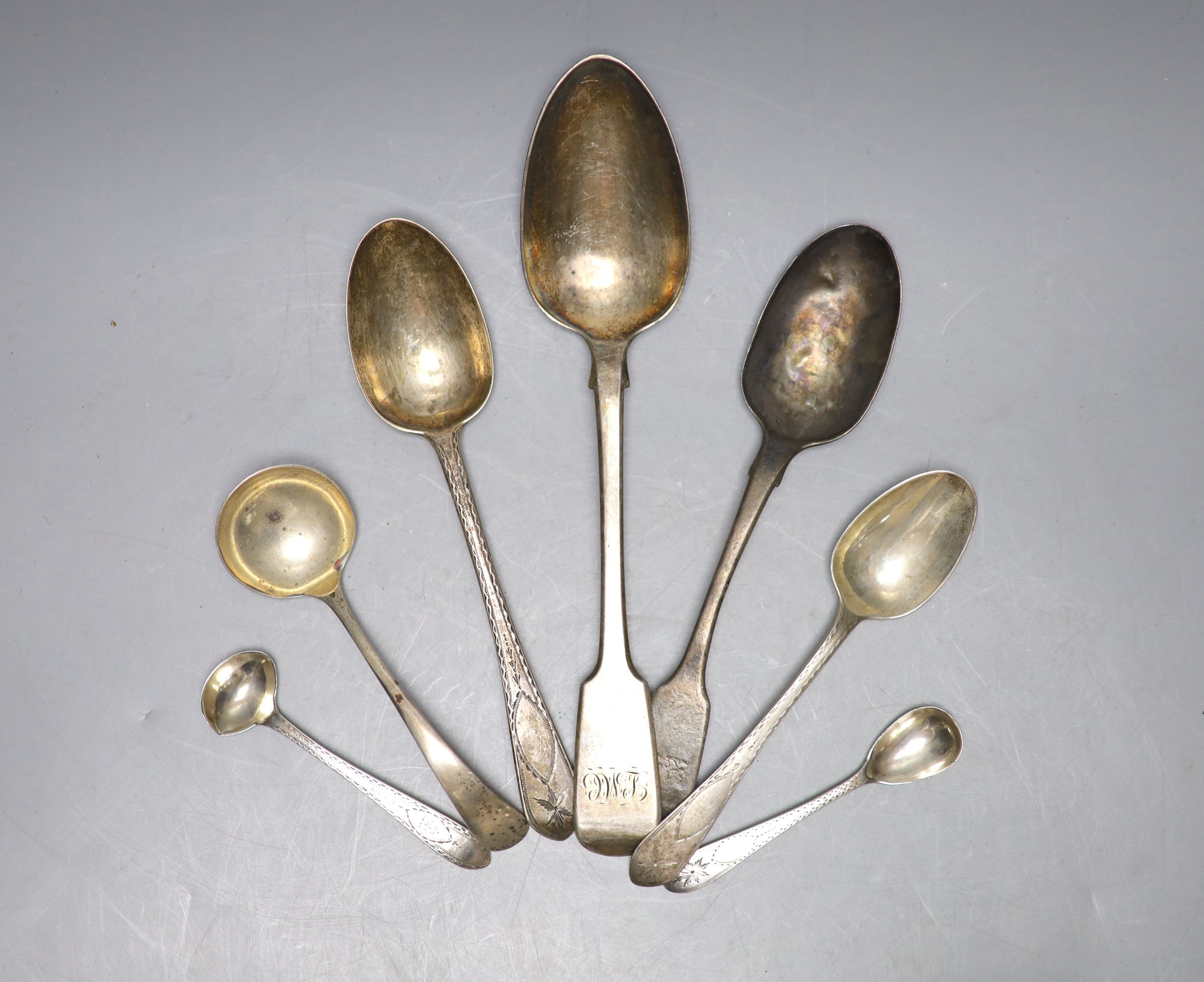 Five items of mainly 19th century Irish silver flatware and two other English silver spoons, 7.5oz.